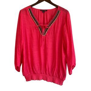 Zac & Rachel Womens Hot Pink Boho Peasant Top Size XL Beaded Smocked Puff Sleeve